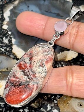 Faceted Pink Chalcedony & Convoluted Red Jasper Crystal Pendant 3”